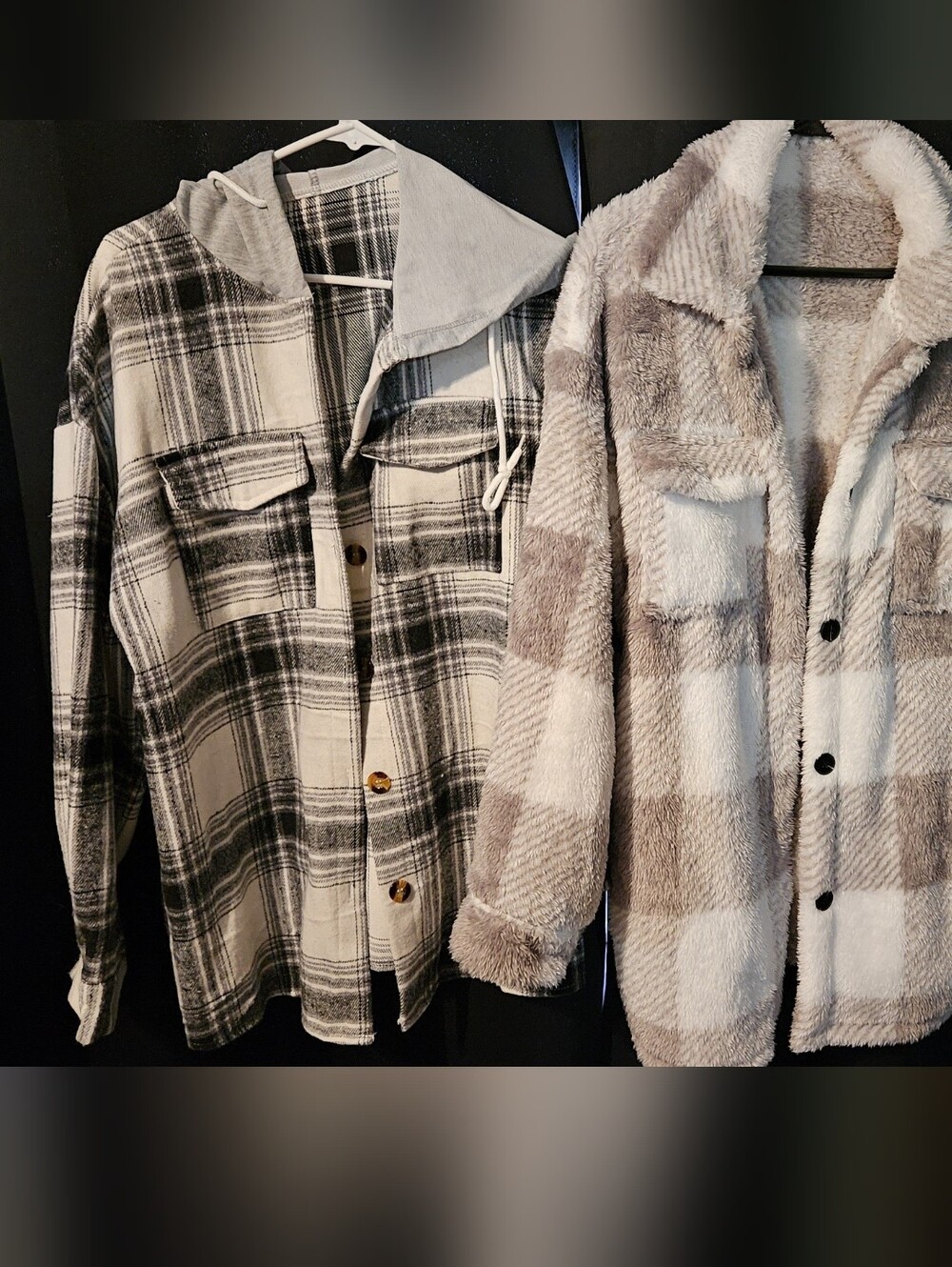 Women's Plaid Button-Front Hooded Shacket - Black & White